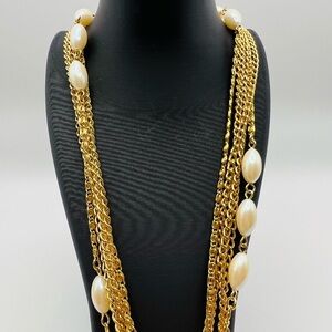 Vintage Multi Strand Gold Chain Necklace w Faux Pearls w Box